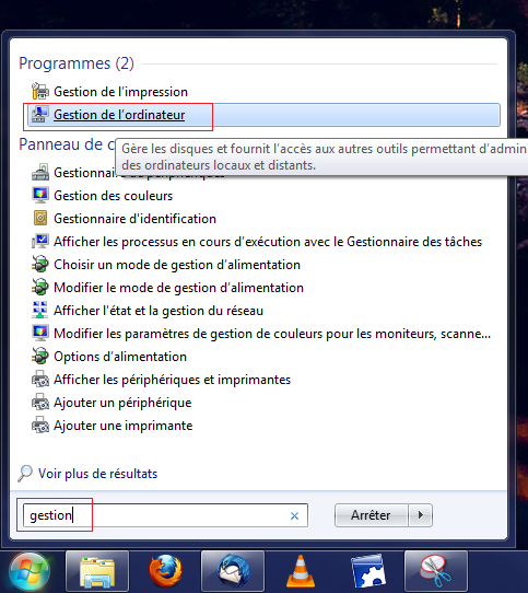 Menu gestion de l'ordinateur