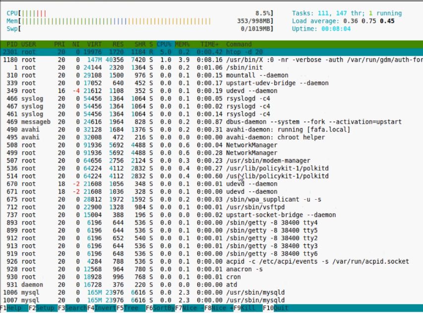 Affichage des processus dans HTop