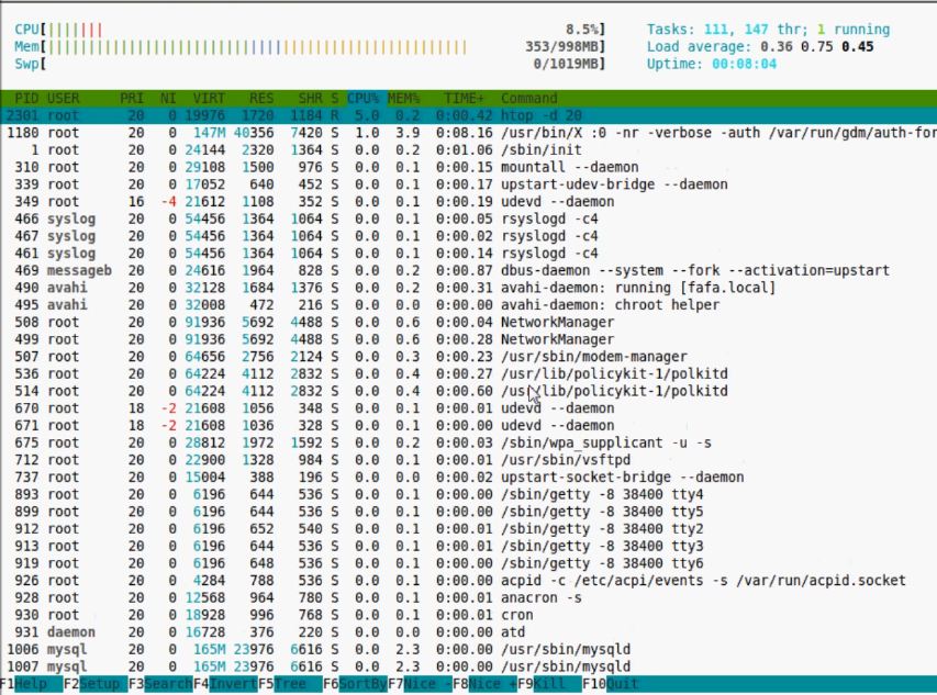 Affichage des processus dans HTop