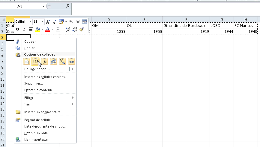 Transposer colonne dans Excel