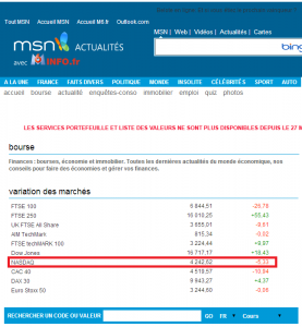 Page de bourse de MSN