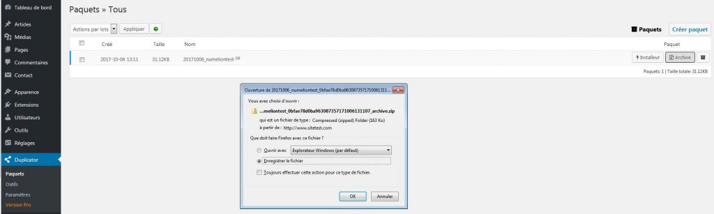 Extension Duplicator pour faire une sauvegarde de WordPress