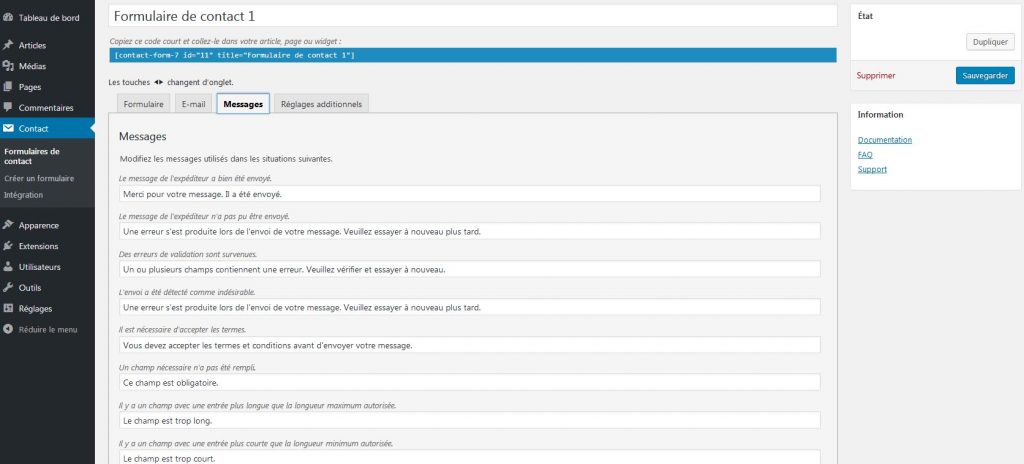 Messages dans Contact Form 7