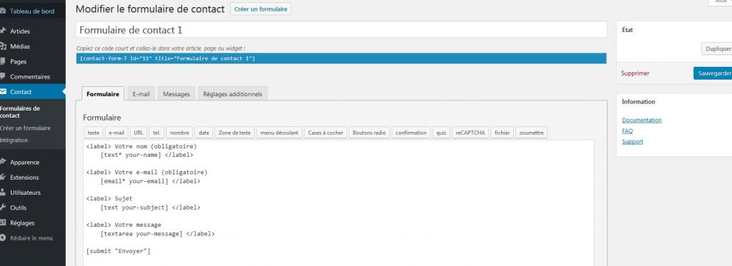 Modifier le formulaire dans Contact Form 7