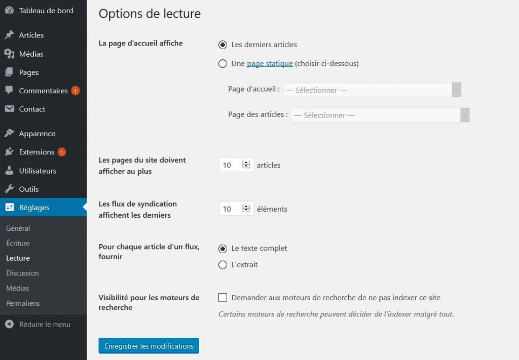 Options pour la page d'accueil WordPress