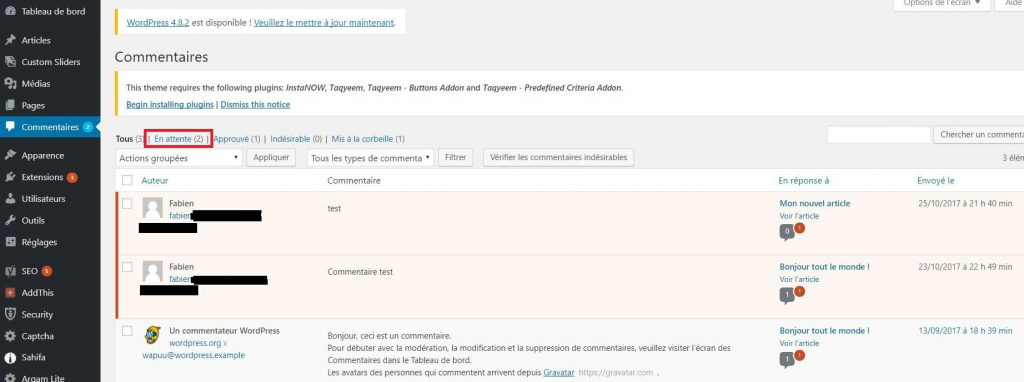 Vérifier les commentaires dans WordPress