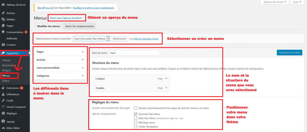 Administrer un menu dans WordPress