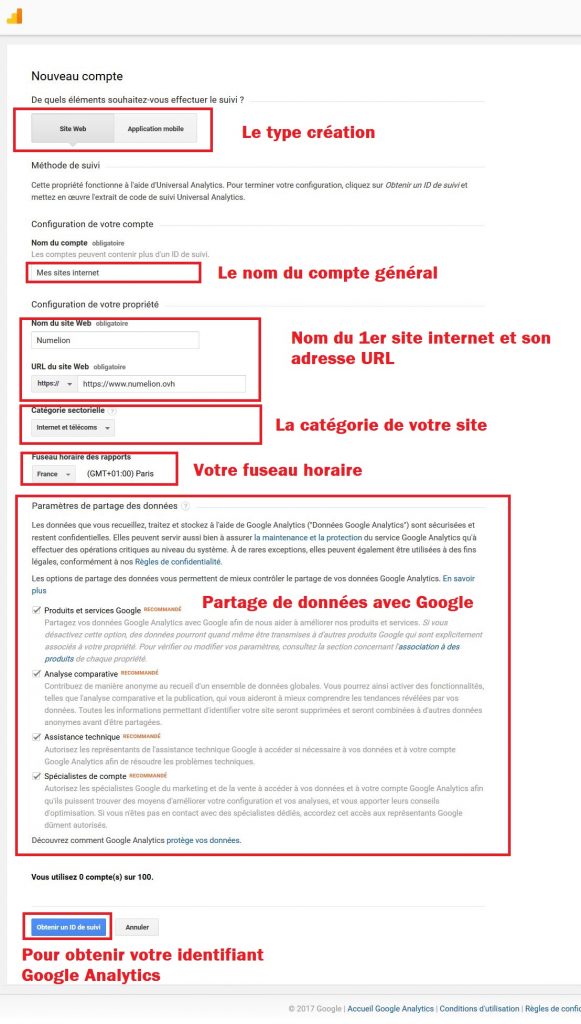 Formulaire d'inscription à Google Analytics