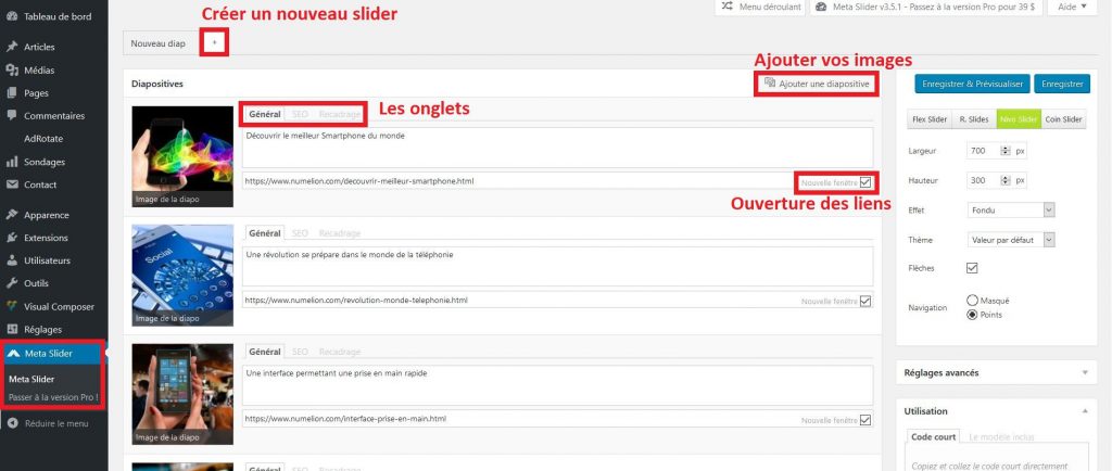 Interface MetaSlider pour créer un slider