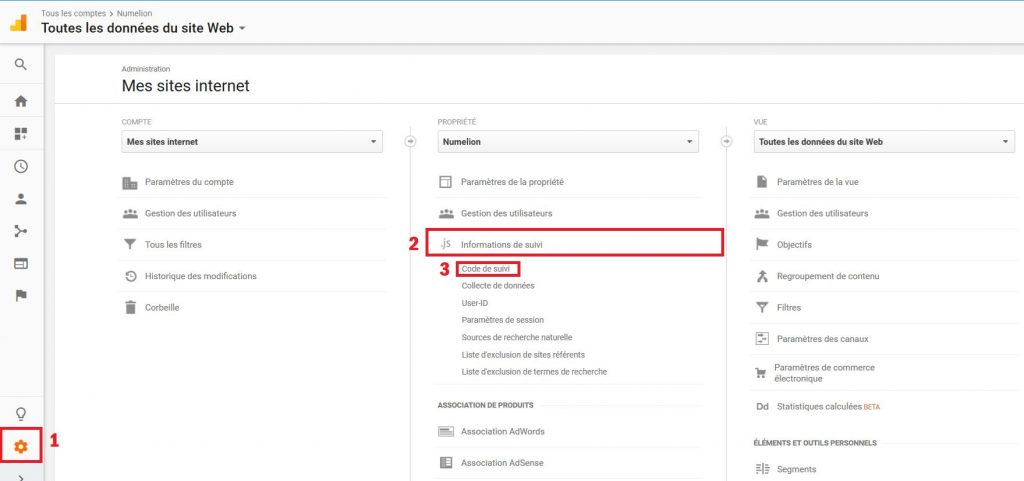 Trouver ID et code suivi dans Google Analytics