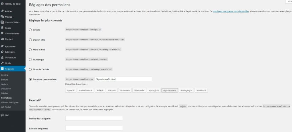 Réglages des URL de WordPress