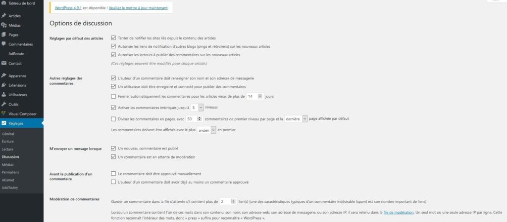 Réglages des commentaires