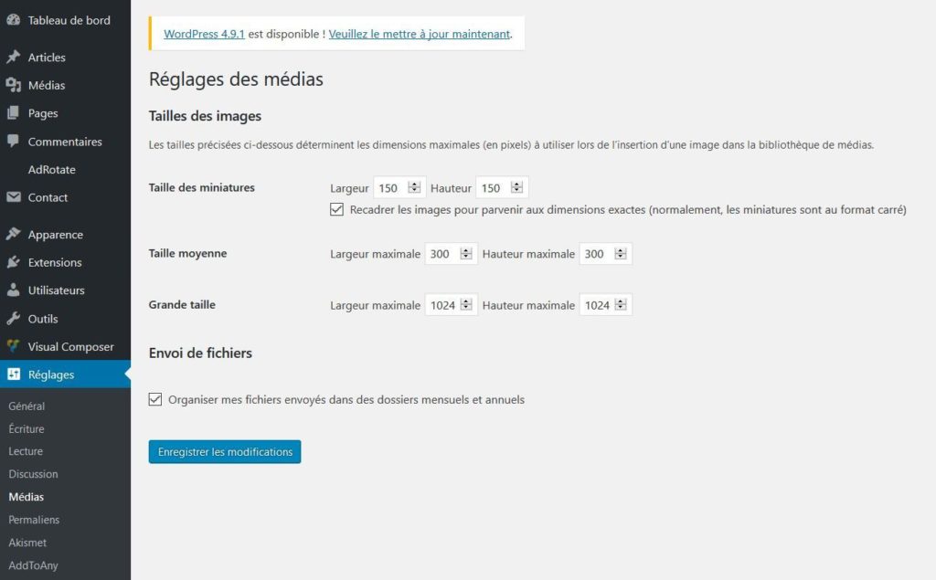 Réglages des médias dans WordPress