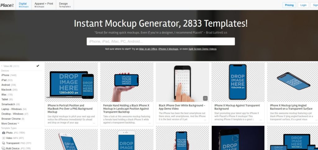 PlaceIt pour trouver de nombreux mockups