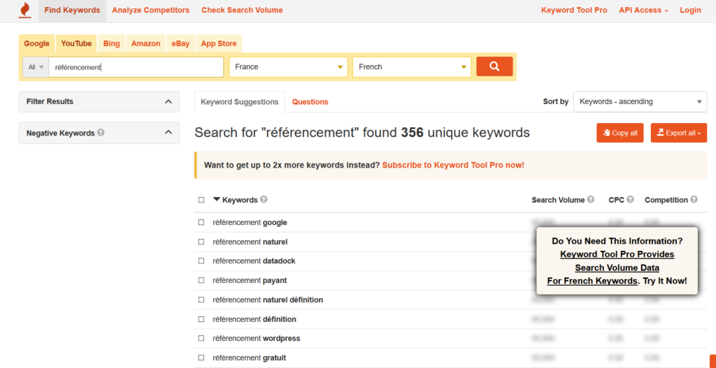 KeywordTool pour trouver des mots-clés (Google, YouTube, Bing, Amazon, Ebay...)