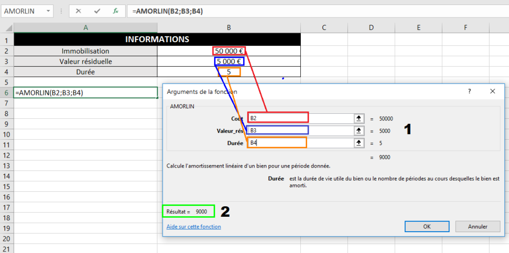 Amortissement linéaire avec une fonction Excel