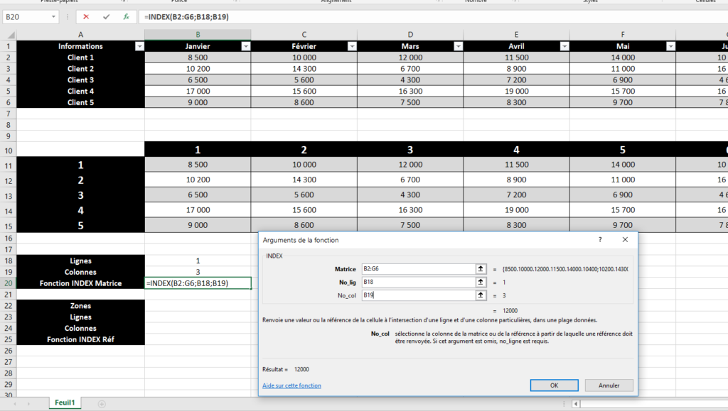 Résultat de la fonction INDEX