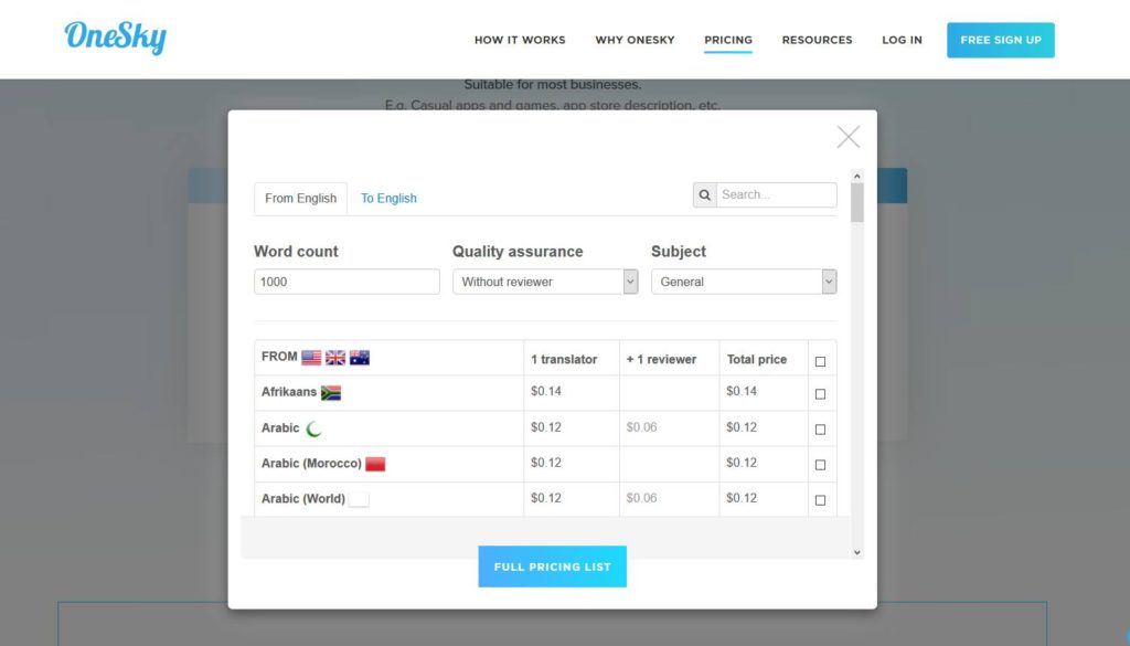 Tarifs des traductions dans OneSky Tarifs des traductions dans OneSky