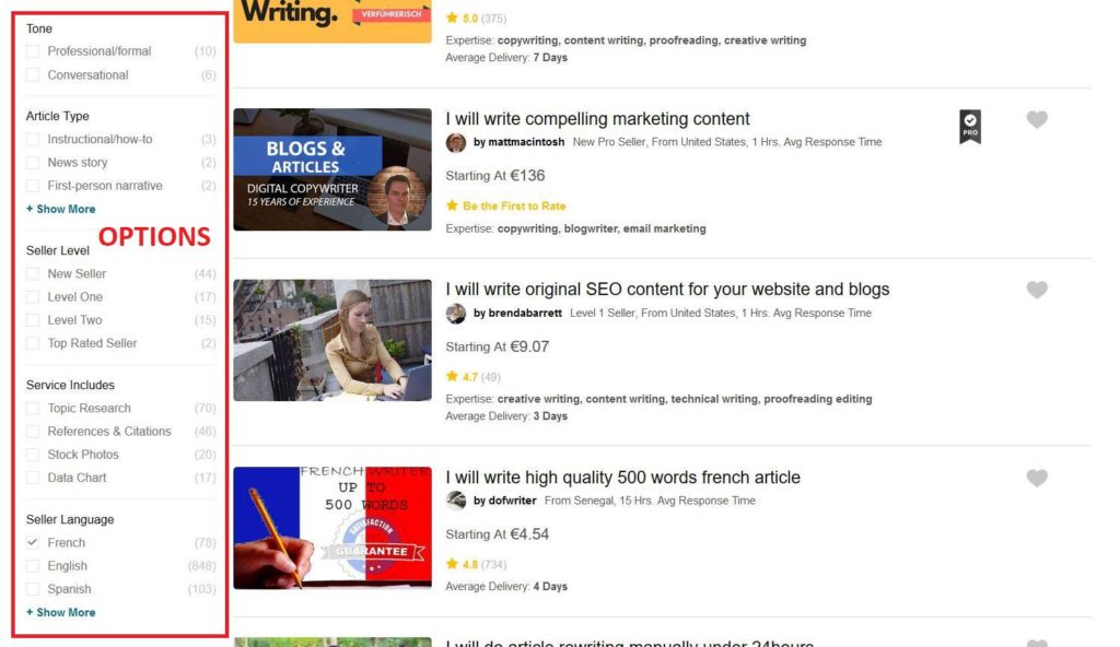 Les options dans Fiverr Les options dans Fiverr