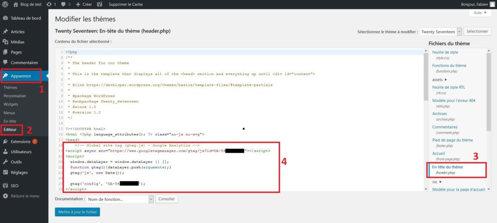 Google Analytics dans l'éditeur de thème