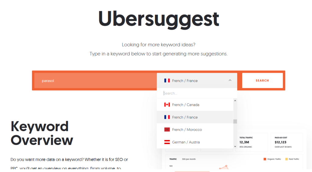 Recherche avec Ubersuggest