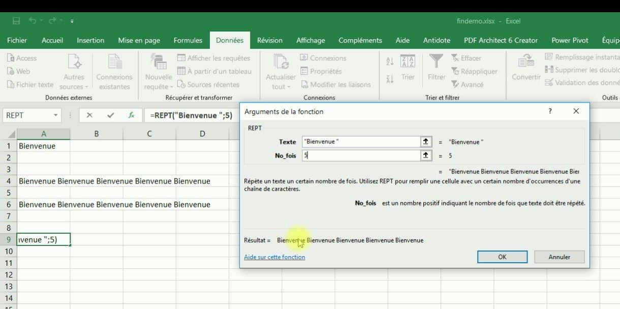 Fonction REPT dans Excel