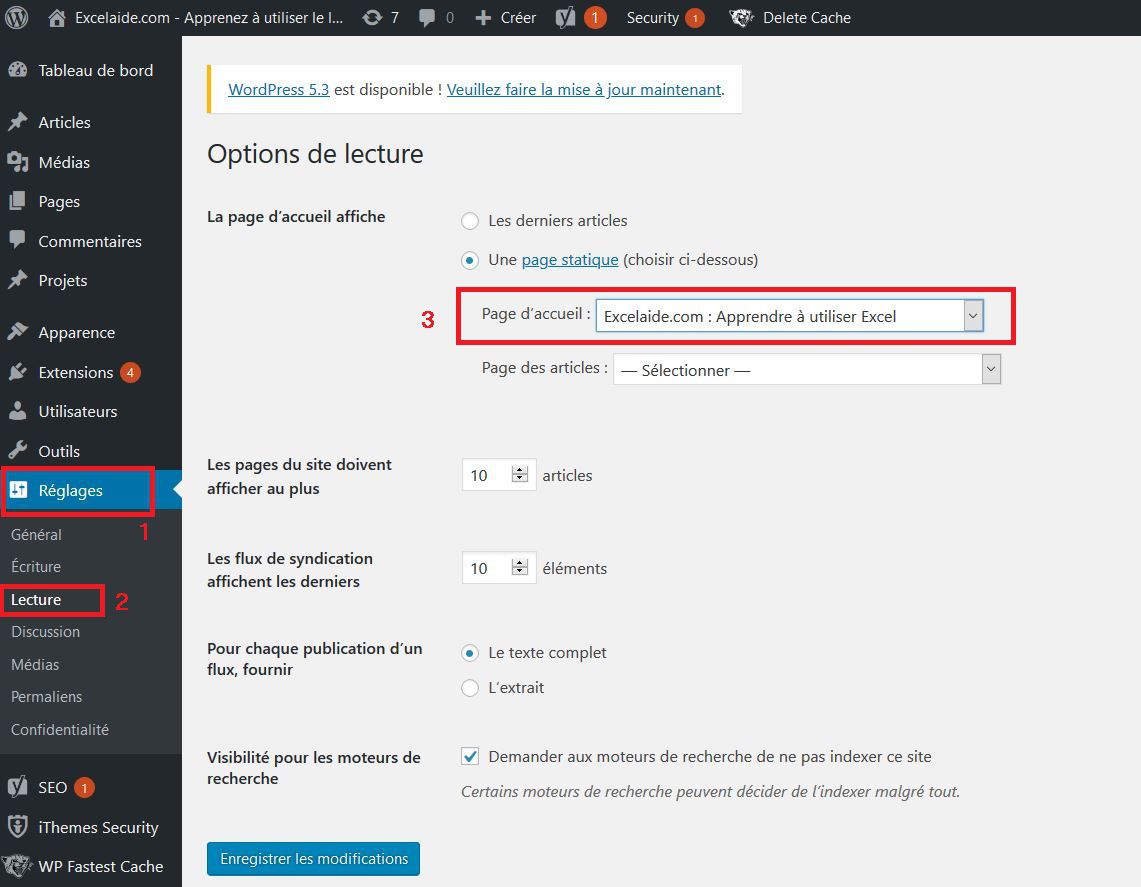 Choisir la page d'accueil dans WordPress