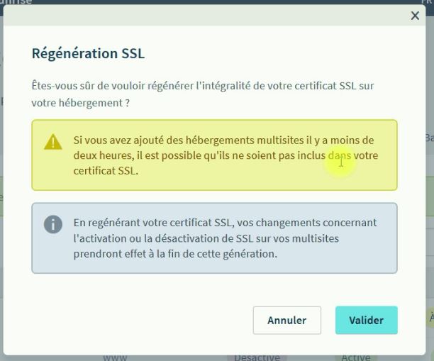 Message pour regénérer le certificat HTTPS