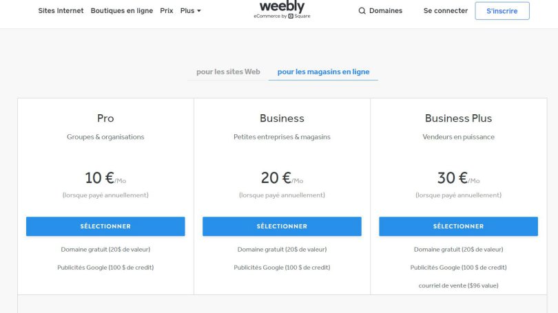 Prix d'une boutique avec Weebly