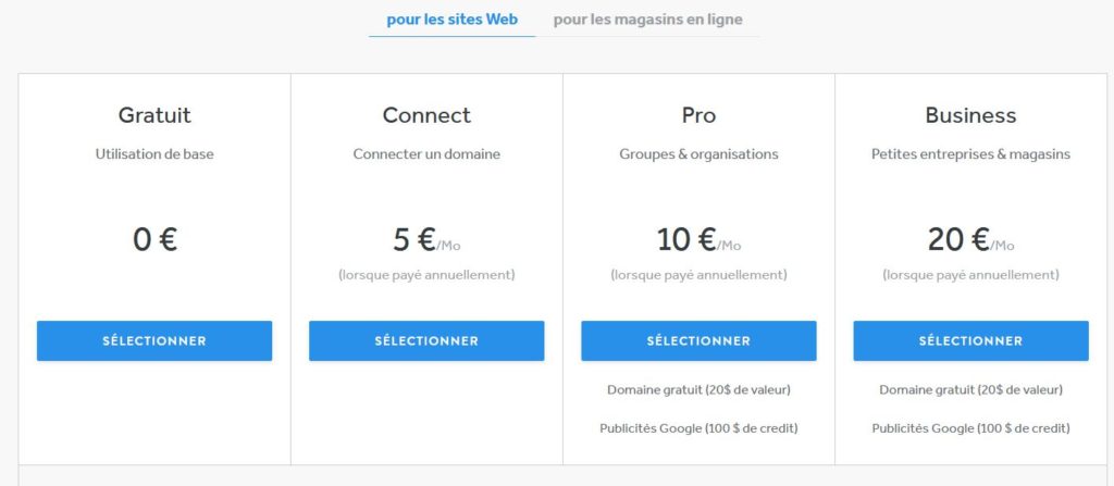 Tarif de Weebly