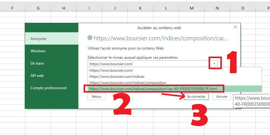 Connexion Excel à la page web