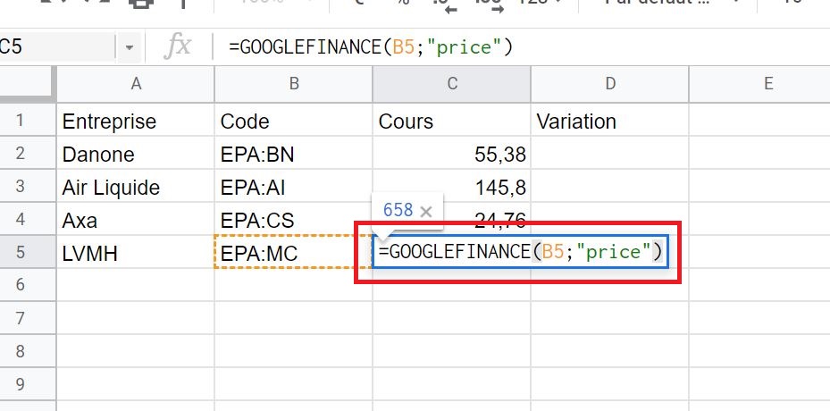 Formule et fonction Google finance pour récupérer les cours de bourse