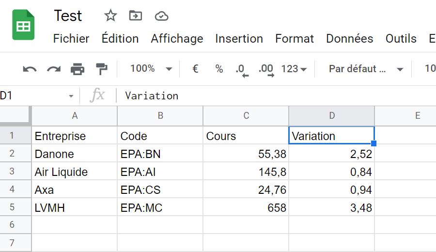 Google Sheets dans Excel