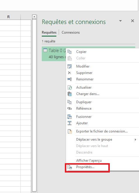 Propriétés de la requête Excel