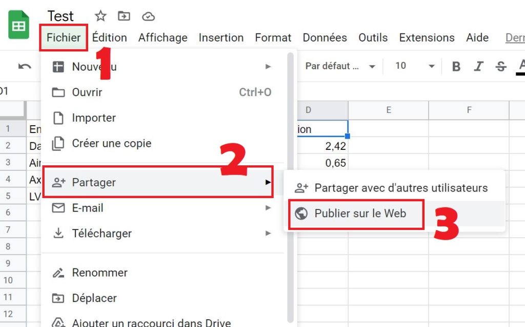 publier Feuille Google Sheets