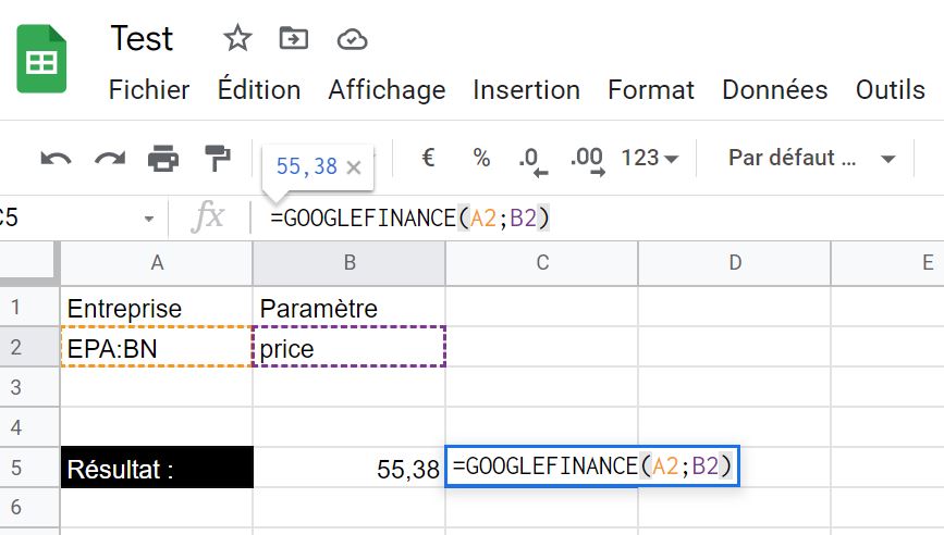 Récupérer un cours de bourse dans Google Finance