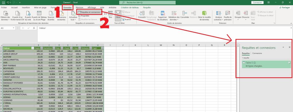 Requête Excel pour données boursières