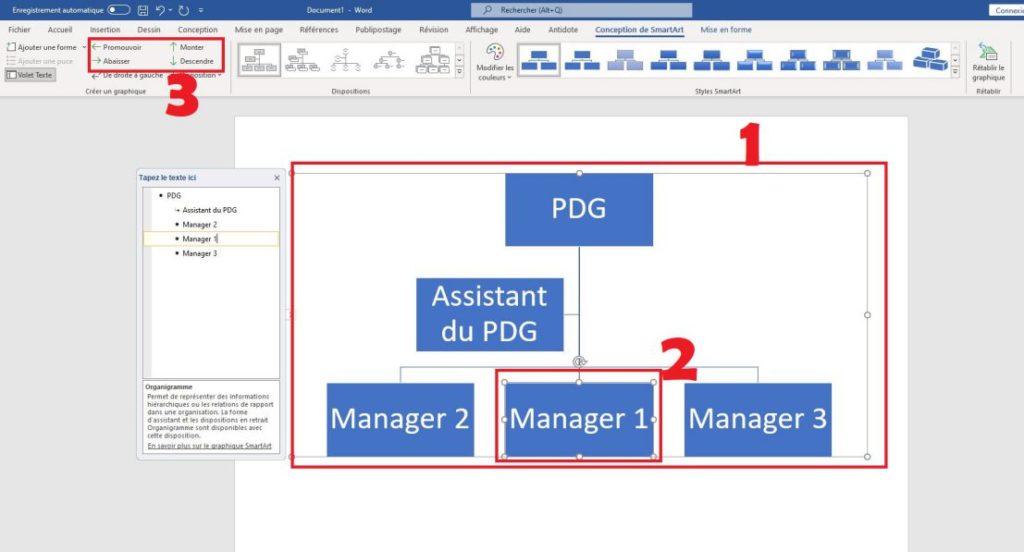 Déplacer des éléments / formes dans organigramme Word