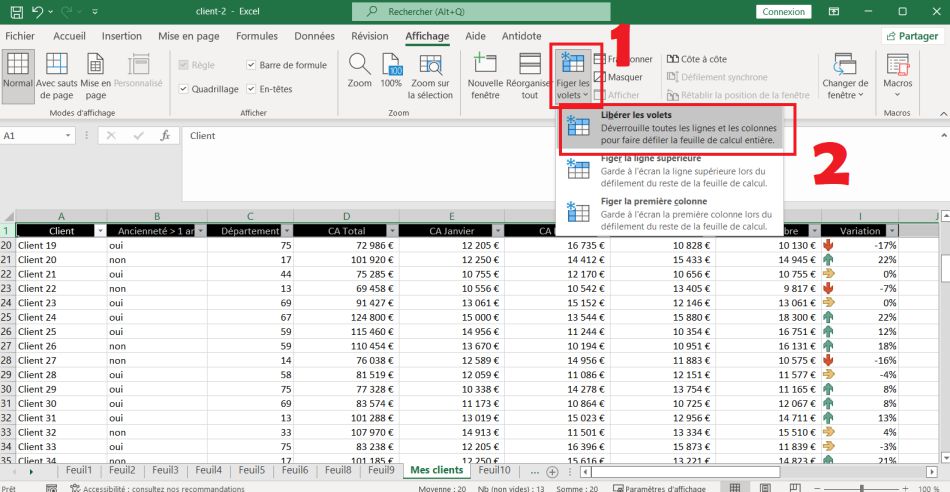 ne plus figer les lignes dans Excel