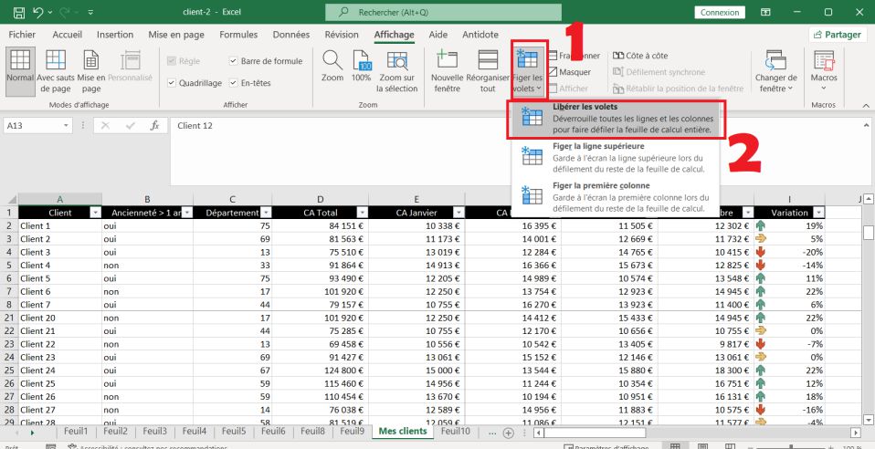 ne plus fixer les lignes dans Excel