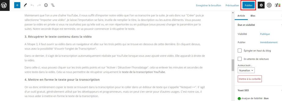 Publier sa transcription dans WordPress