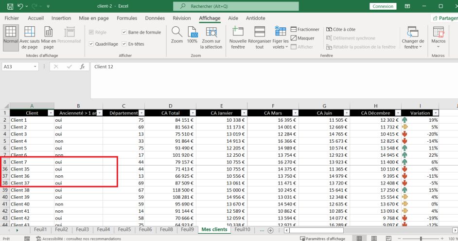 Résultat fixer plusieurs lignes dans Excel