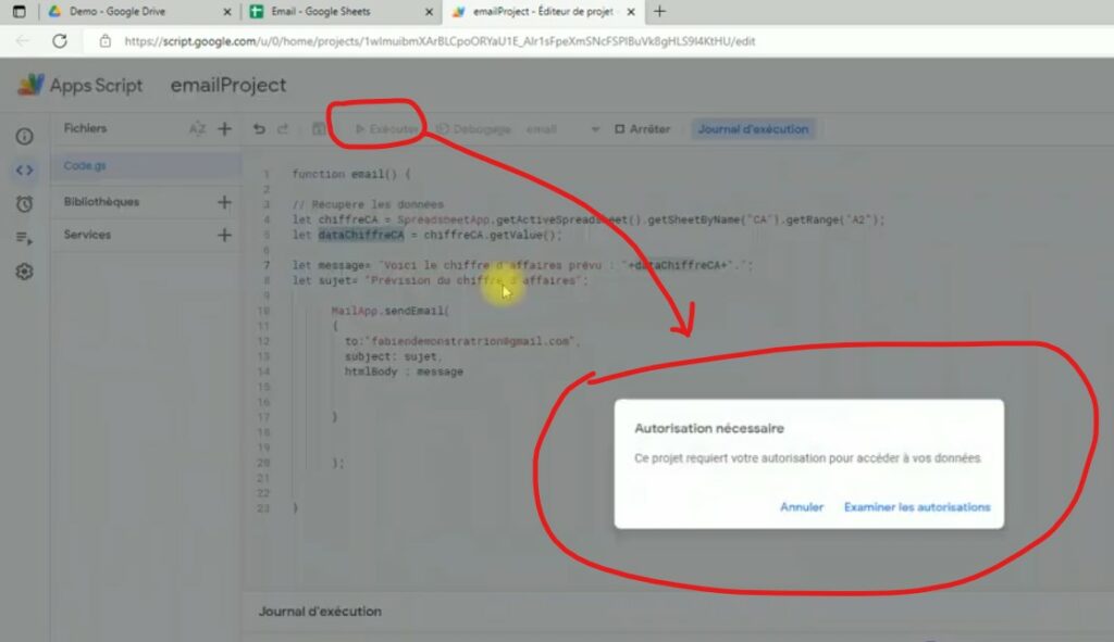 Autorisation d'un script Google