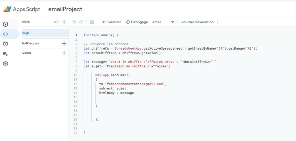 Script pour envoyer un email avec Google Sheets
