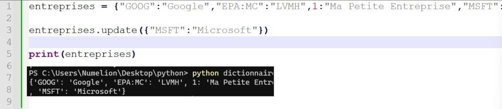 Mettre à jour données dans dictionnaire Python