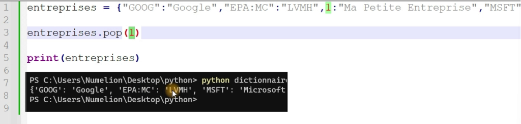 Supprimer un élément dans un dictionnaire Python