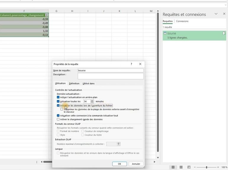 Actualiser une requête web Excel vers JSON