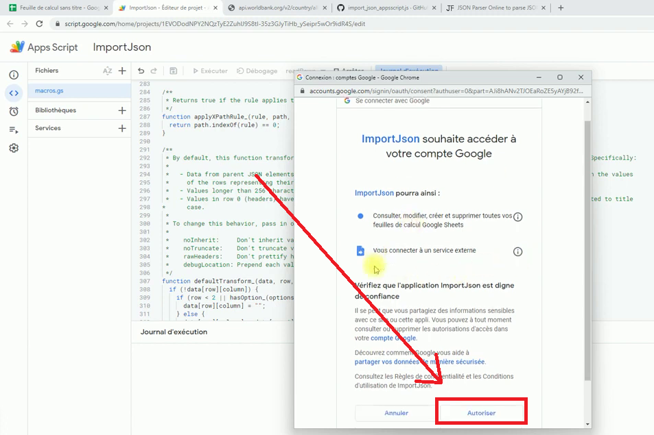 Autoriser script Google Sheets