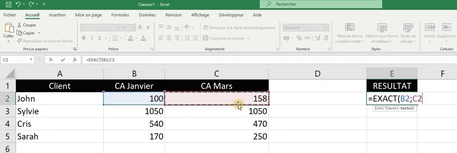 Fonction EXACT pour comparer des cellules