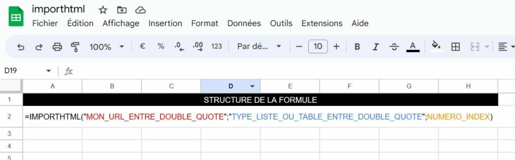 Fonction IMPORTHTML avec Google Sheets pour le webscraping